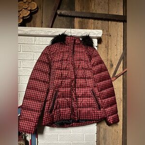Talbots Red and Black Plaid Puffer Coat